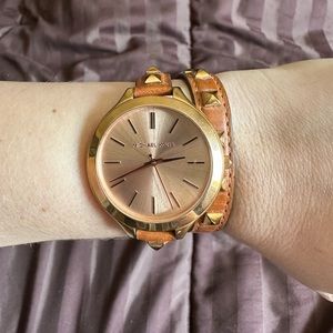 Michael Kors brown and gold studded wrap watch